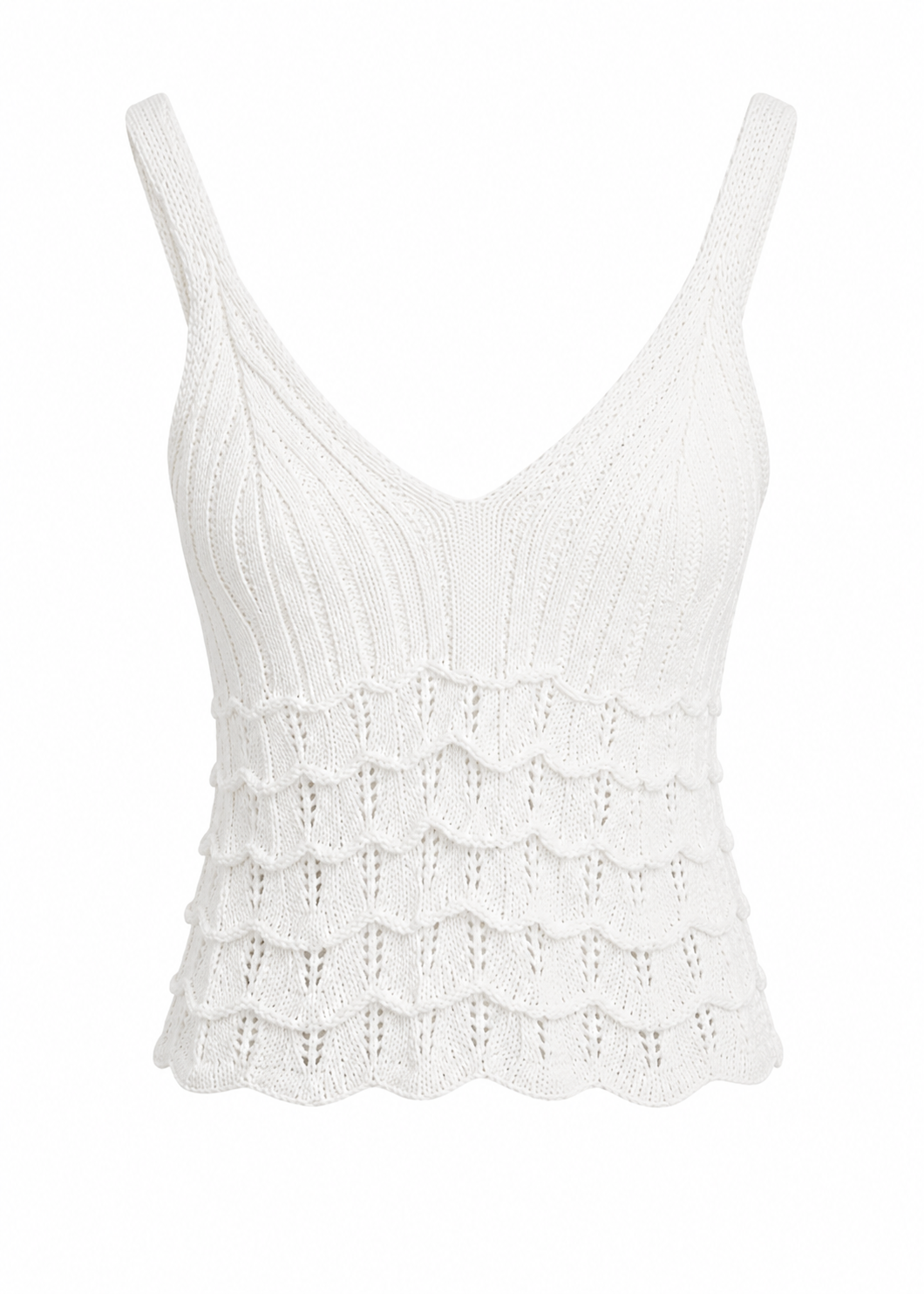White Knitted Camisole with Tiered Scalloped Ruffle Detail