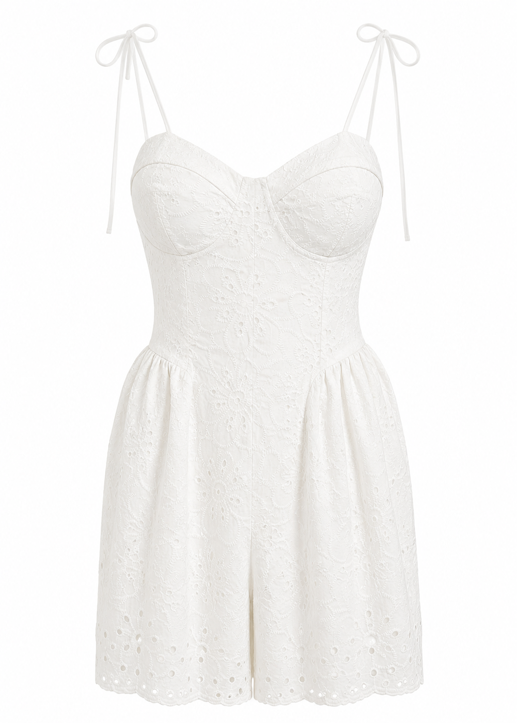 White Broderie Anglaise Bustier Mini Dress with Tie Straps & Scalloped Hem