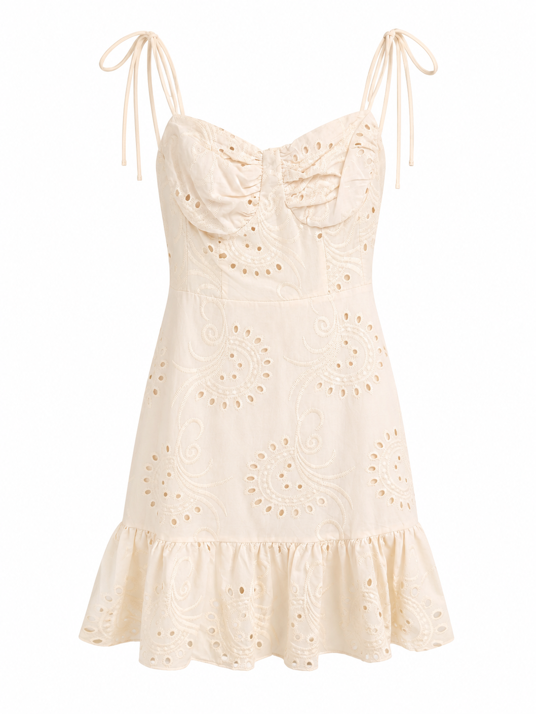 Cream Eyelet Embroidery Sundress with Tie Straps & Ruffle Hem