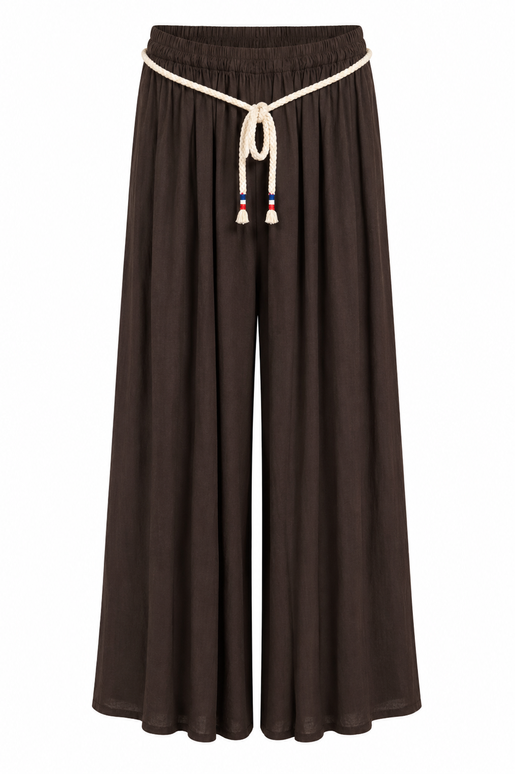 Chocolate Brown Wide-Leg Trousers with Rope Belt & Smocked Waist