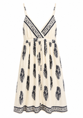 Cream Sundress with Navy Block Print & Embroidered Trim | Wrap V-Neck