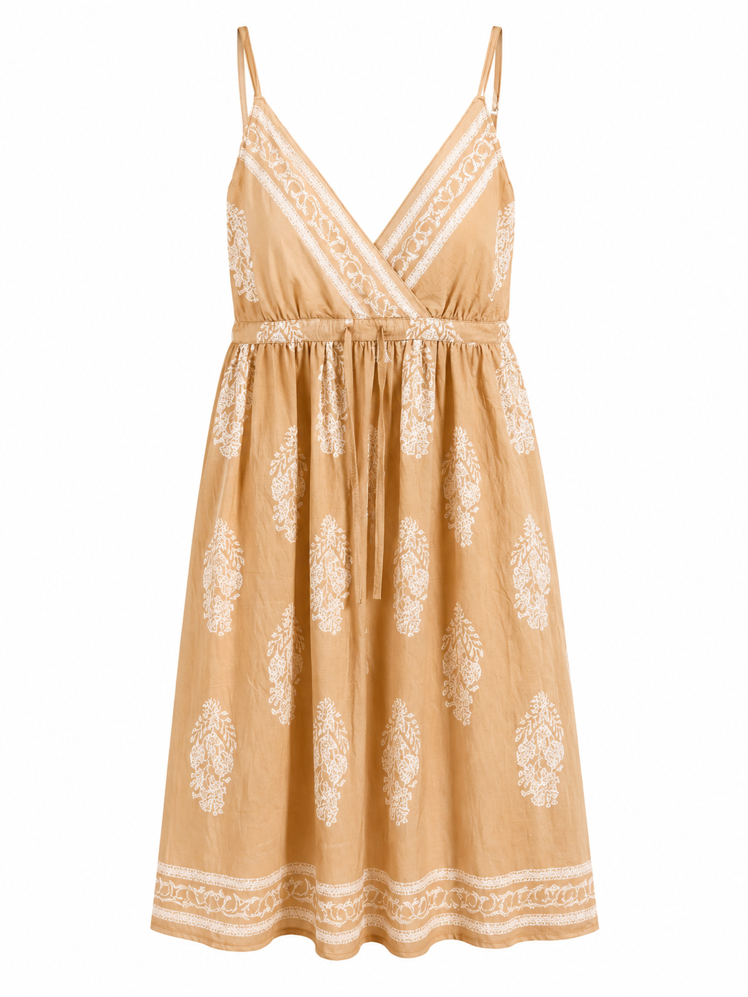 Caramel Sundress with White Block Print & Embroidered Trim | Wrap V-Neck