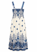 Ivory & Cobalt Blue Paisley Midi Dress with Smocked Bodice & Border Print