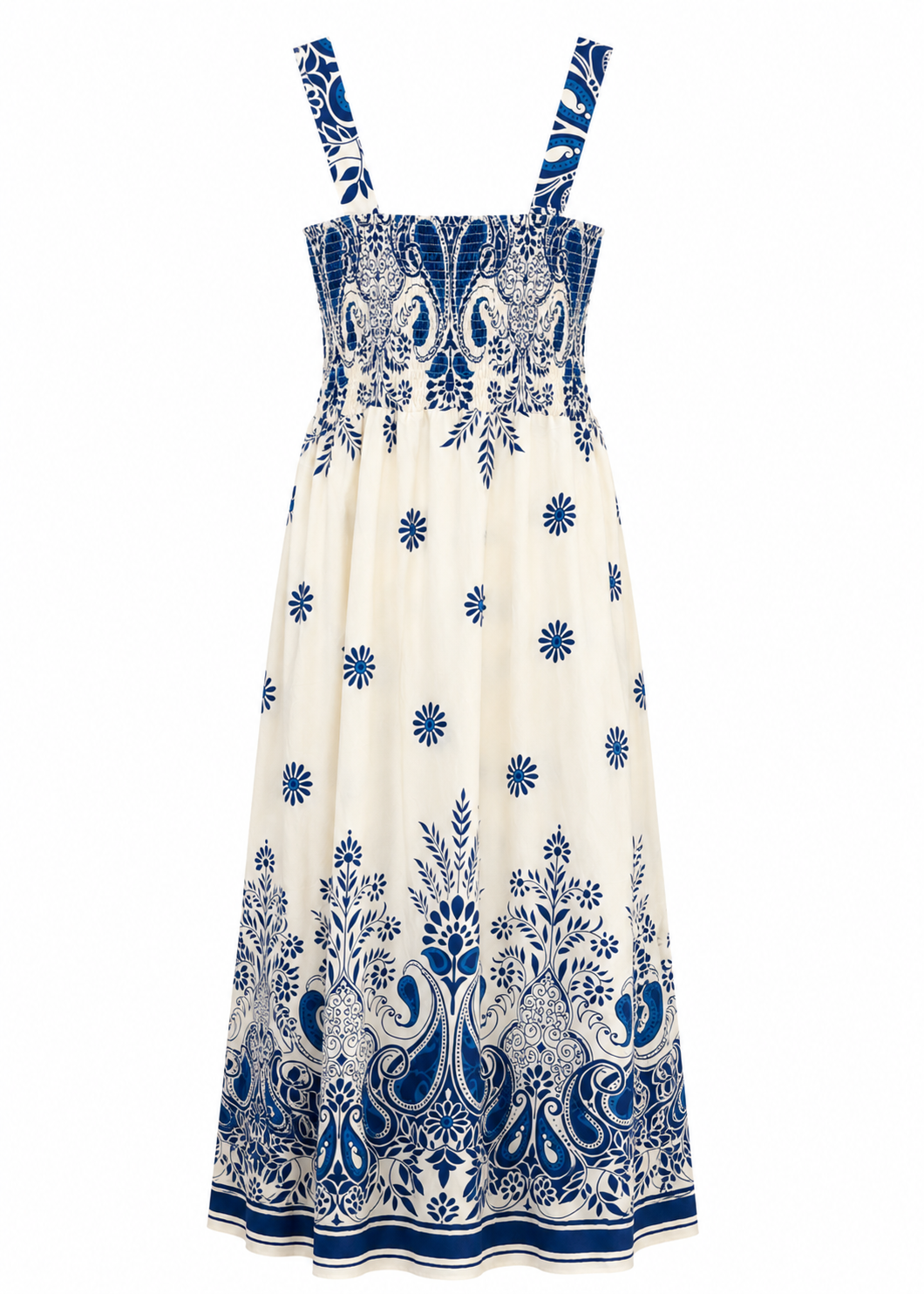 Ivory & Cobalt Blue Paisley Midi Dress with Smocked Bodice & Border Print