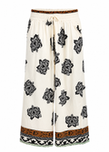 Ivory Wide-Leg Trousers with Black Baroque Print & Border Hem | Drawstring Waist