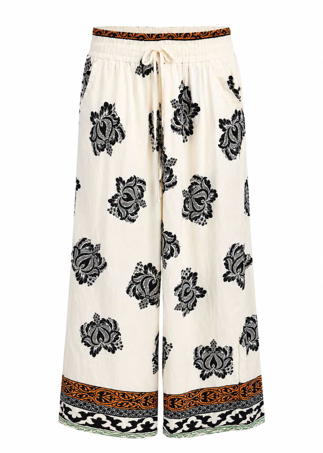 Ivory Wide-Leg Trousers with Black Baroque Print & Border Hem | Drawstring Waist