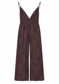 Chocolate Plum Wide-Leg Jumpsuit with Deep V-Neck & Gathered Waist