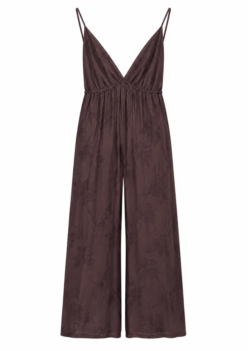 Chocolate Plum Wide-Leg Jumpsuit with Deep V-Neck & Gathered Waist