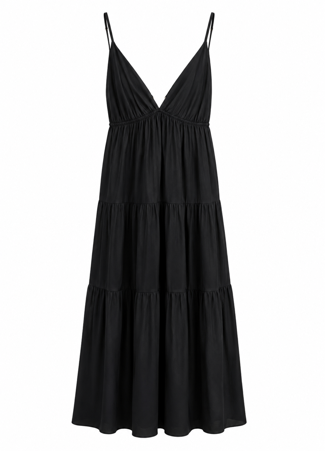 Black Tiered Maxi Dress with Deep V-Neck & Gathered Waist