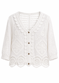 White Crochet & Floral Embroidery Blouse with Scalloped Trim | Boho Button-Front