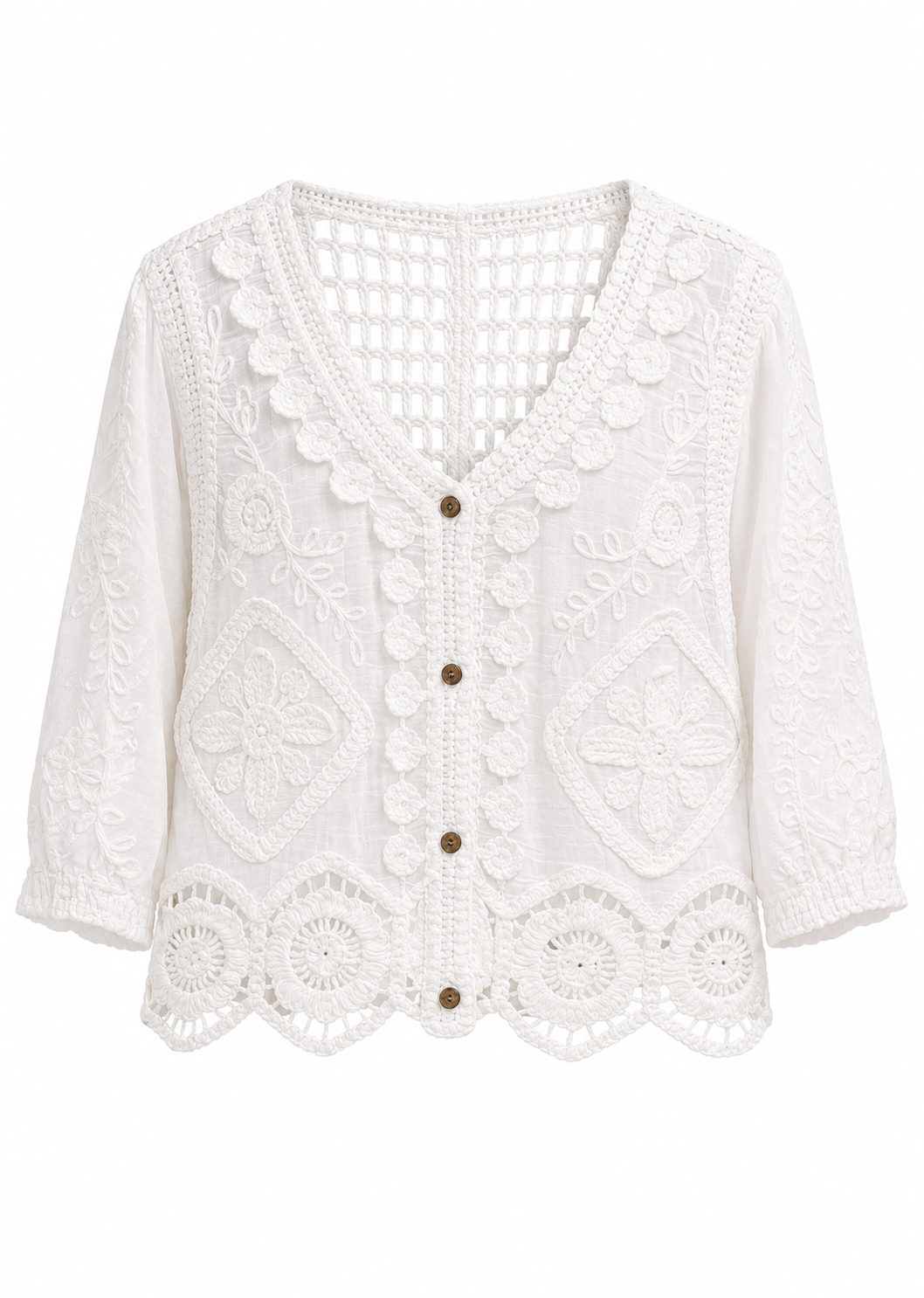 White Crochet & Floral Embroidery Blouse with Scalloped Trim | Boho Button-Front