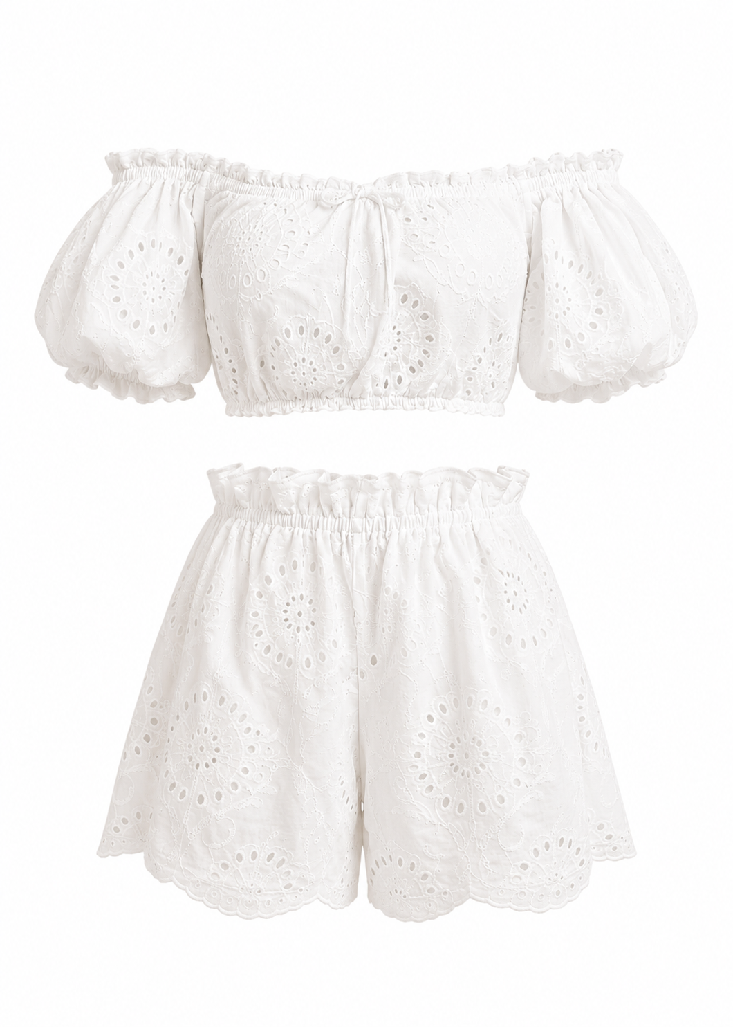 White Broderie Anglaise Co-ord Set | Off-Shoulder Crop Top & Scalloped Shorts