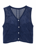Navy Crochet & Paisley Lace Cropped Vest | Button-Front with Mesh Yoke