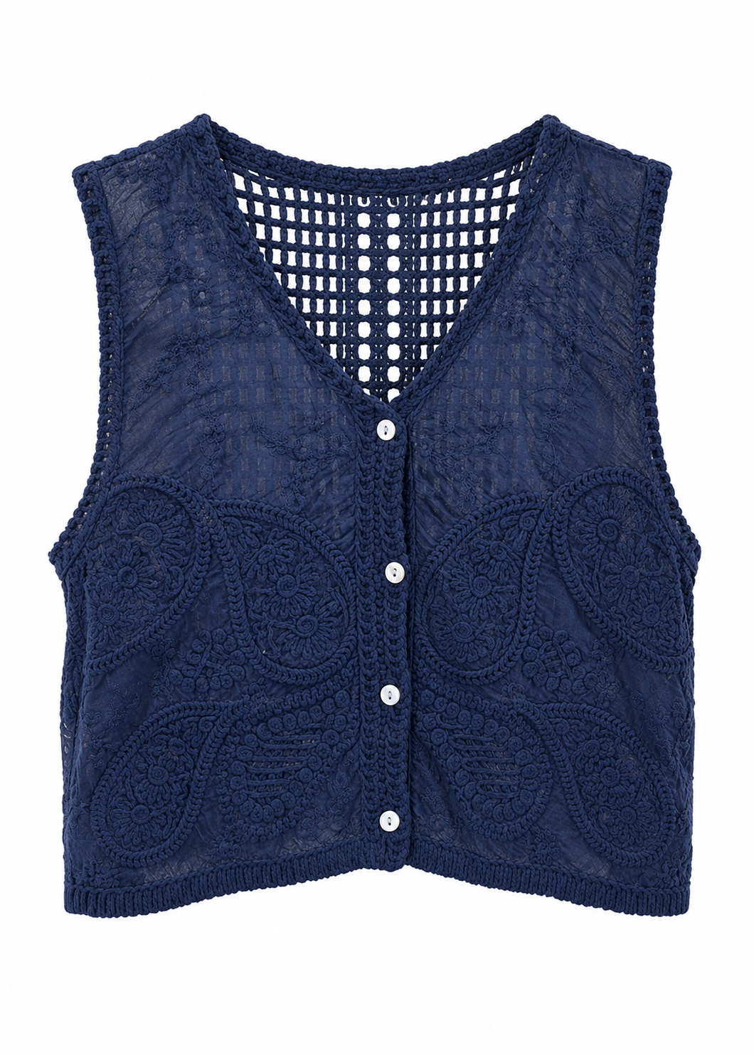 Navy Crochet & Paisley Lace Cropped Vest | Button-Front with Mesh Yoke