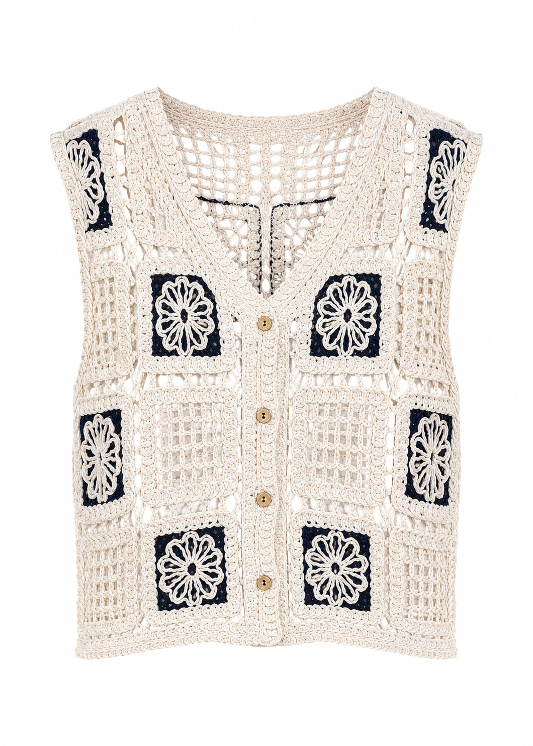 Crocheted vest with floral motifs