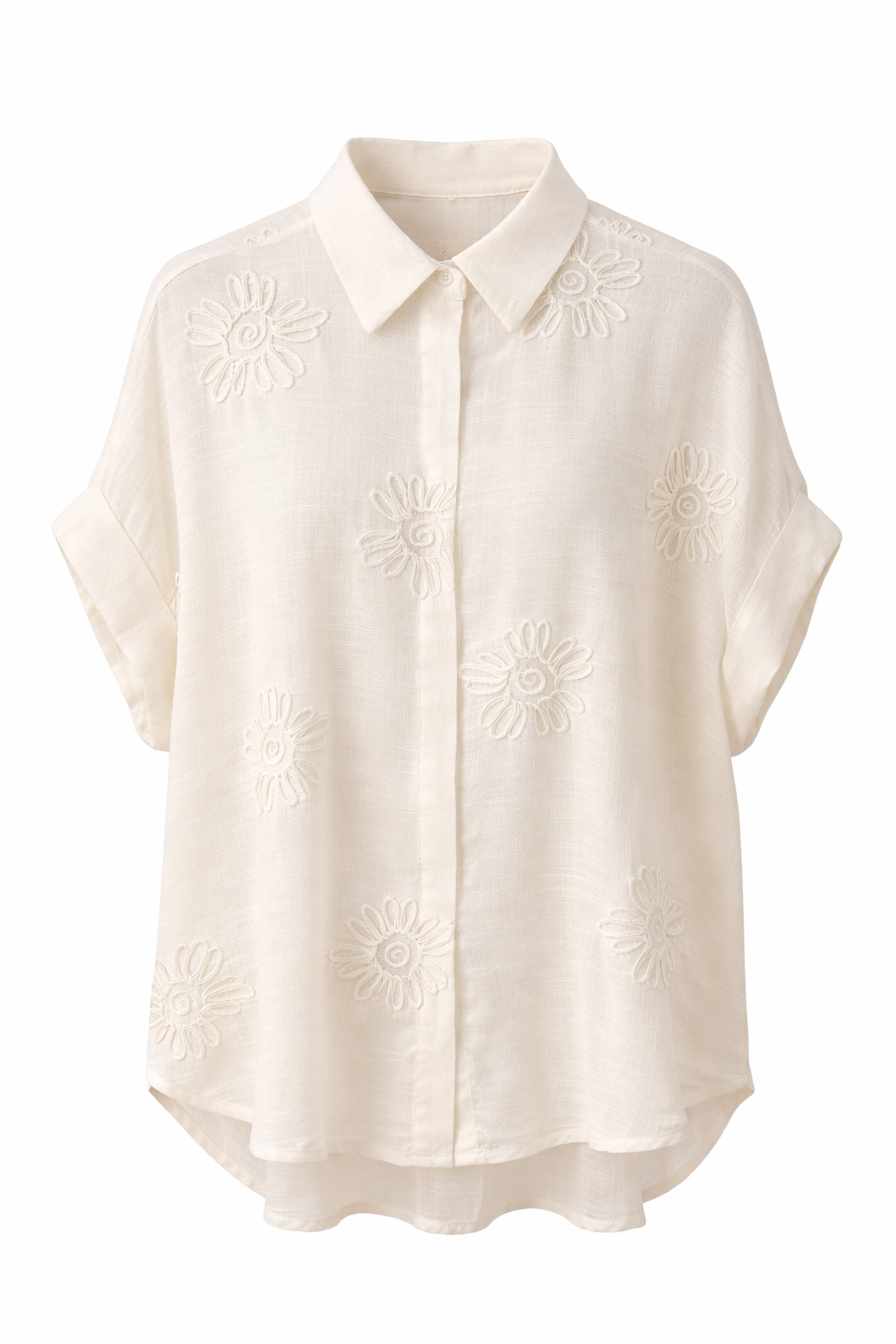 Off-White Linen Blouse with Floral Embroidery