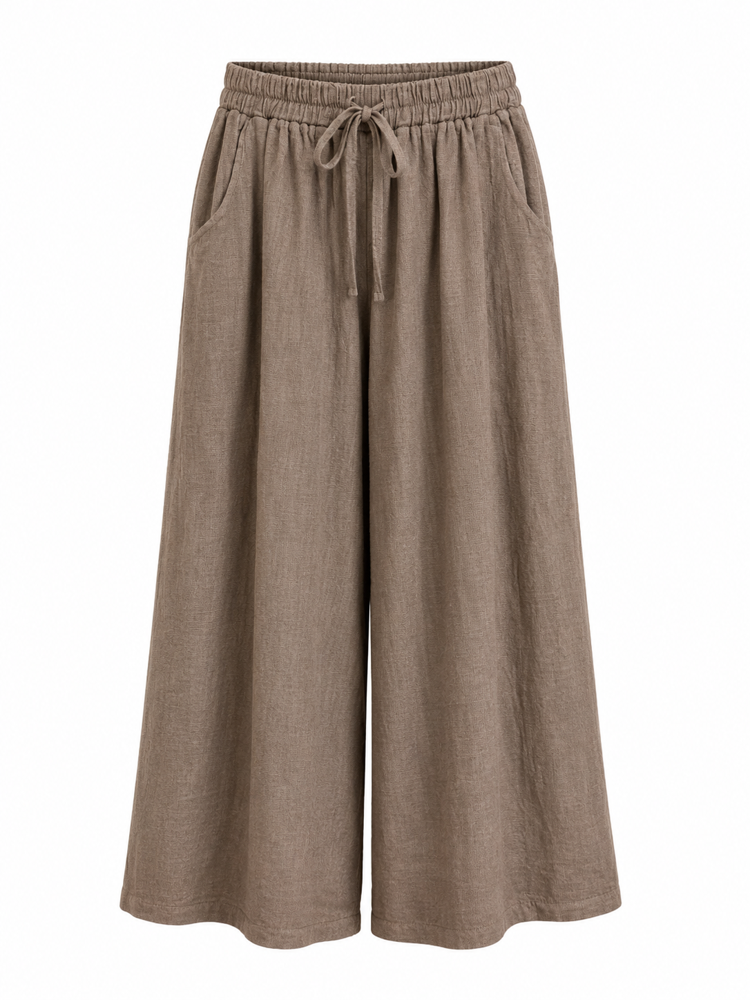Taupe Wide-Leg Linen Cropped Pants