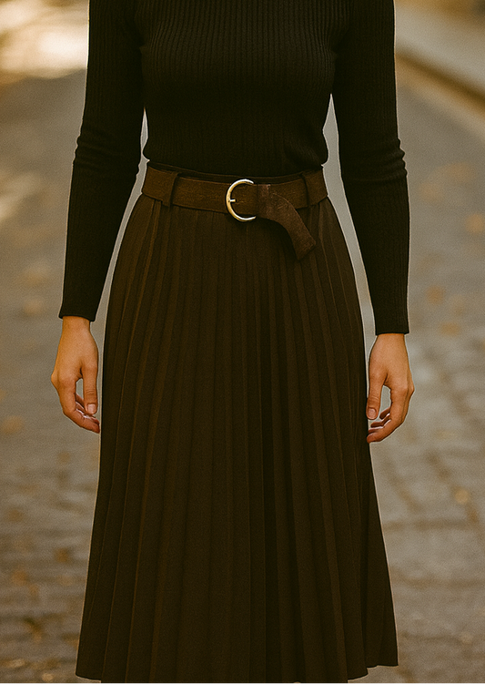 Brown Pleated Midi Skirt with Belt
