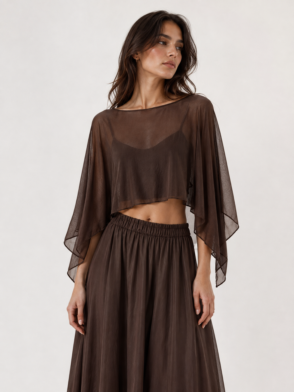 Sheer Draped Poncho Top | Chocolate Brown
