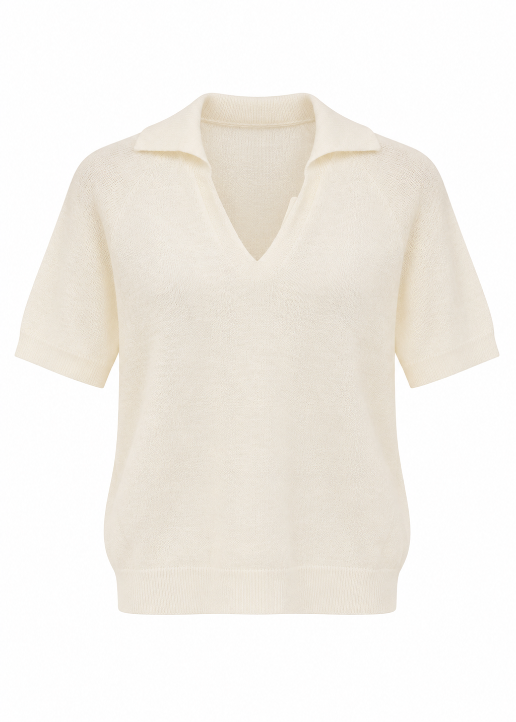 Cream Ribbed Knit Polo Top – Relaxed V-Neck Short Sleeve