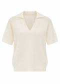 Cream Ribbed Knit Polo Top – Relaxed V-Neck Short Sleeve
