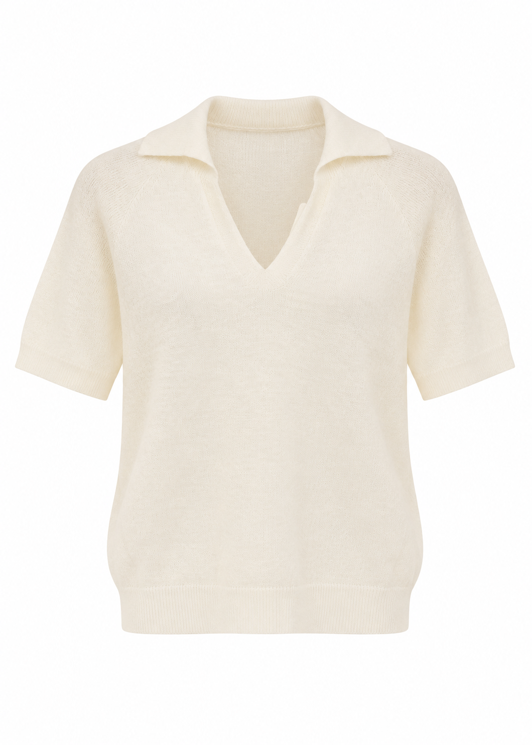 Cream Ribbed Knit Polo Top – Relaxed V-Neck Short Sleeve