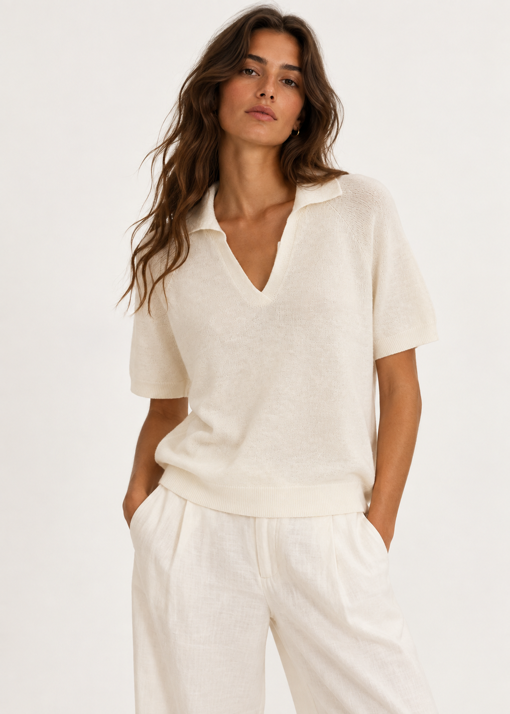 Cream Ribbed Knit Polo Top – Relaxed V-Neck Short Sleeve