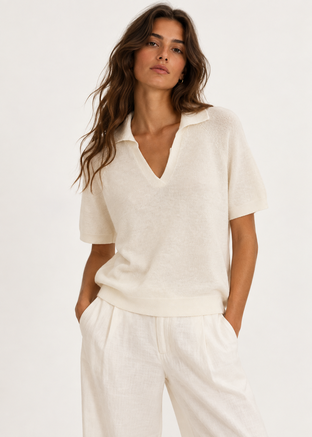 Cream Ribbed Knit Polo Top – Relaxed V-Neck Short Sleeve