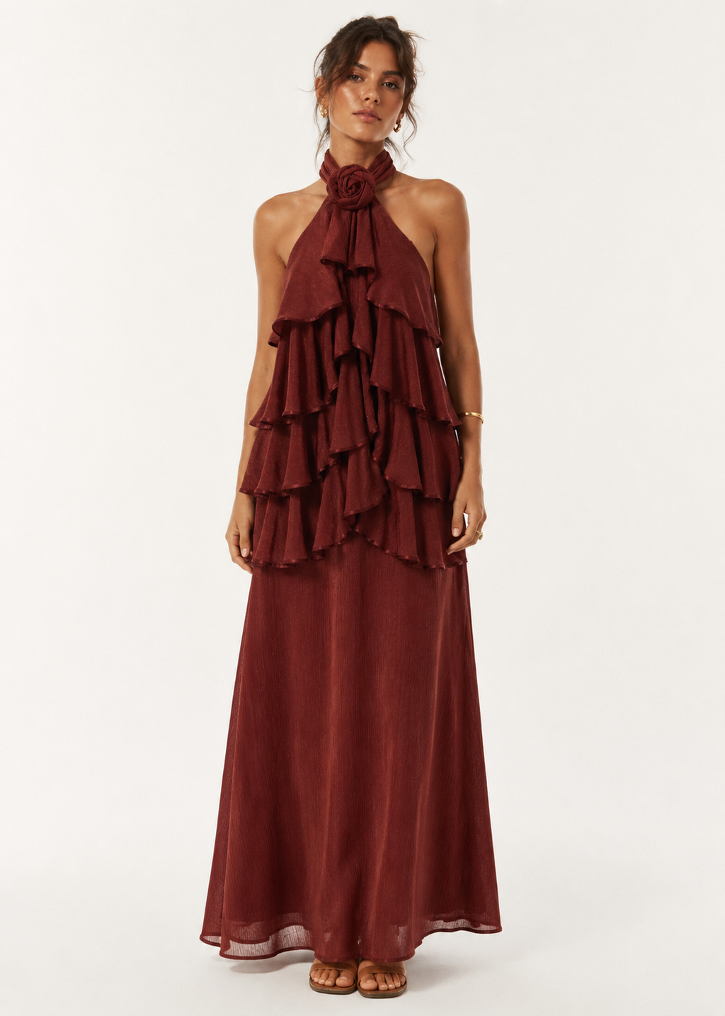 Ruffled Halter Dress – Burgundy