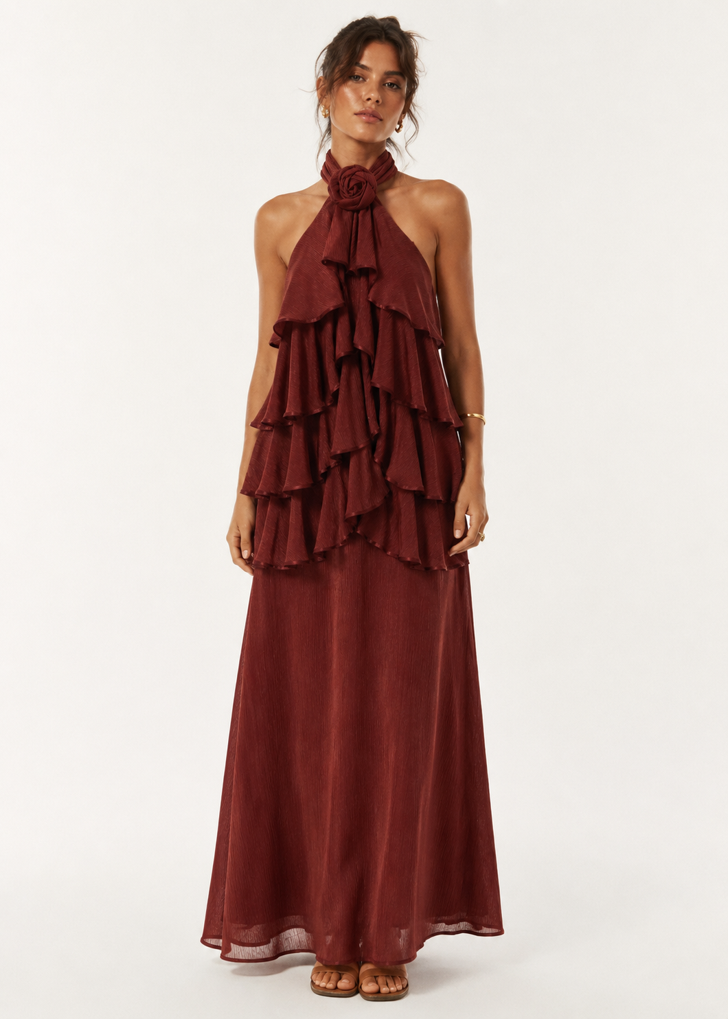 Ruffled Halter Dress – Burgundy