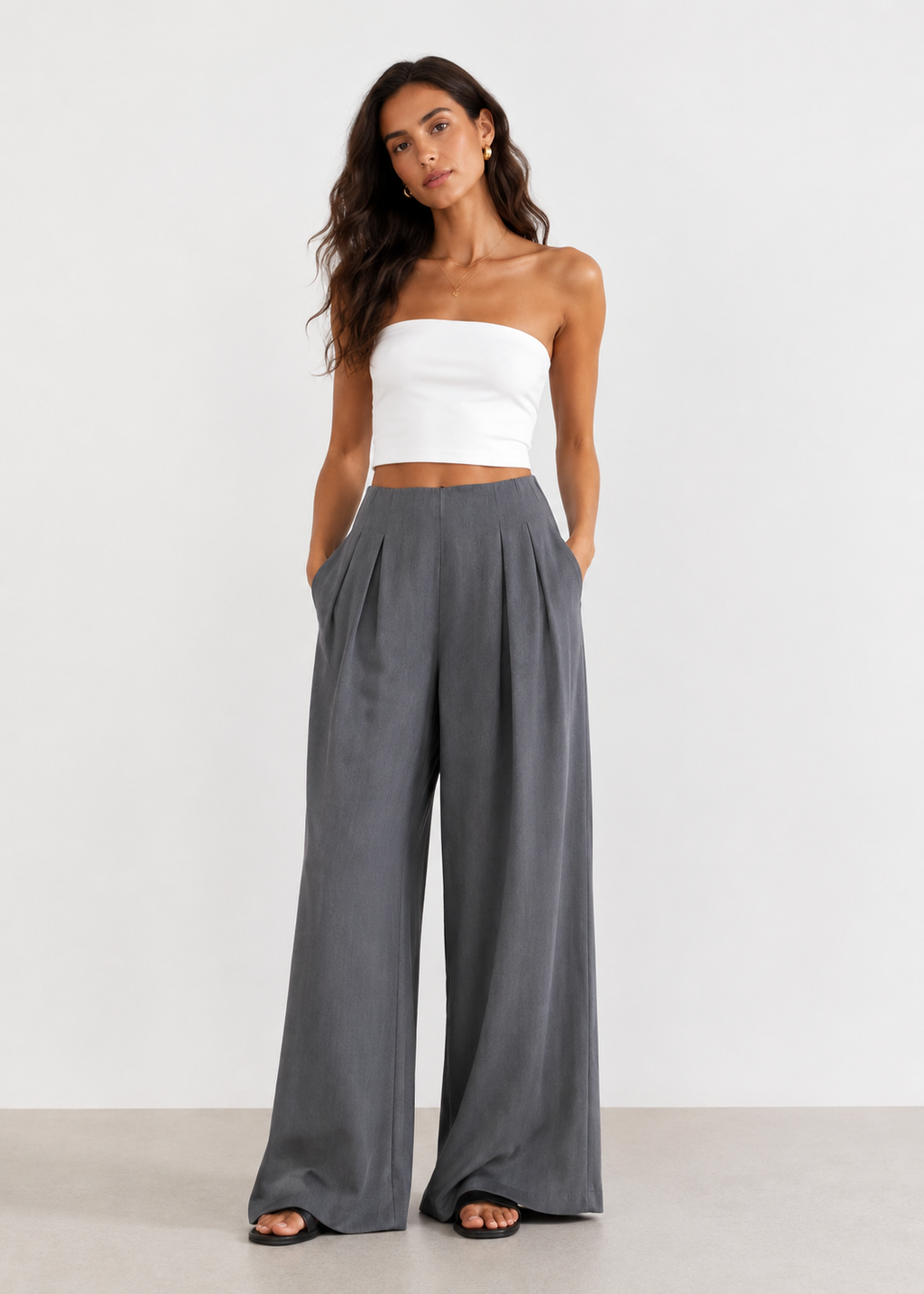 Wide-Leg Pleated Pants – Charcoal