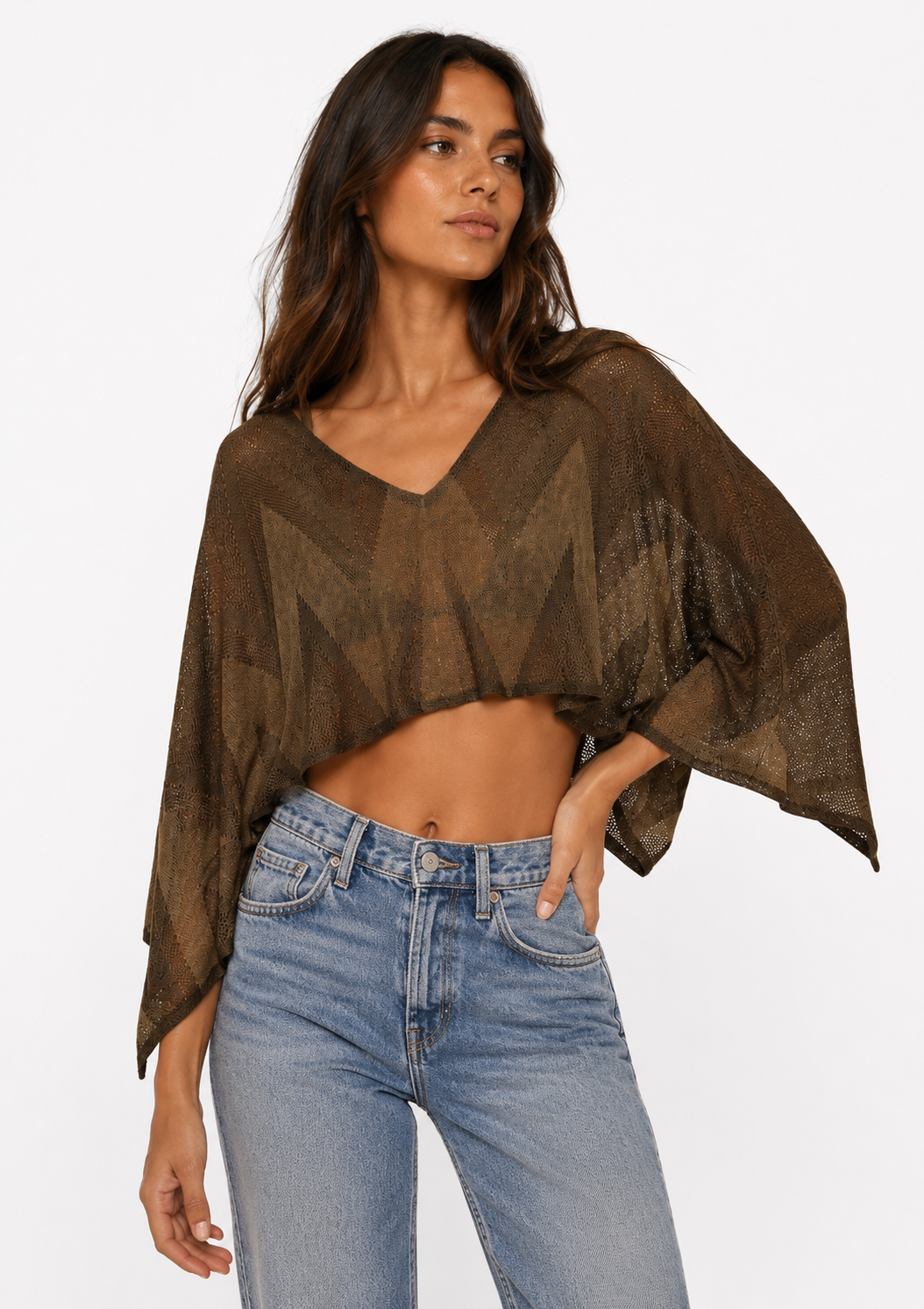 Sheer Knit Poncho – Brown