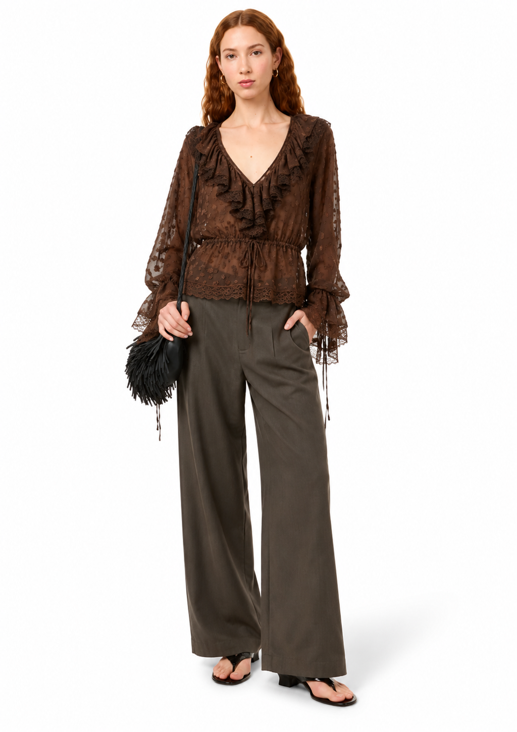 Sheer Ruffled Lace Blouse – Brown