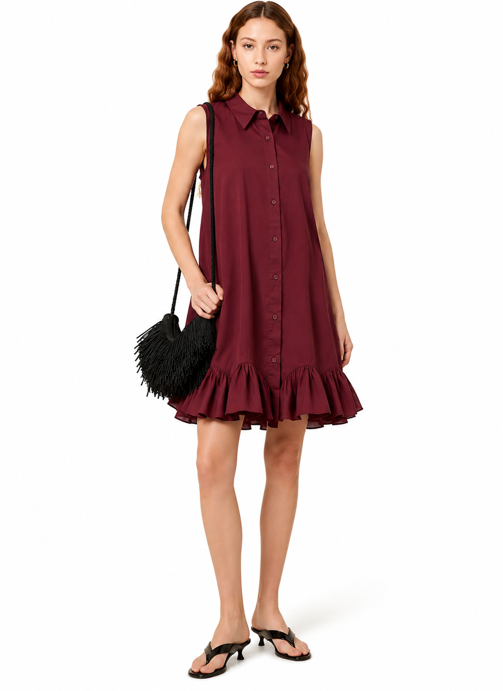 Sleeveless Shirt Dress with Ruffled Hem – Burgundy