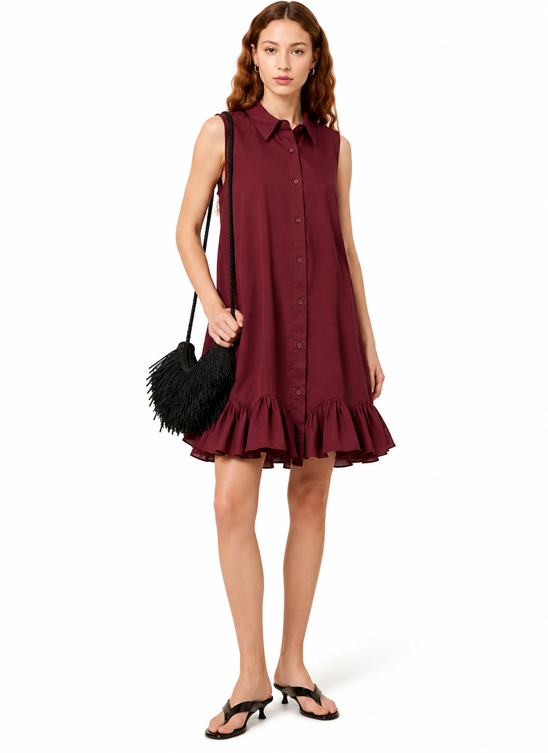 Sleeveless Shirt Dress with Ruffled Hem – Burgundy