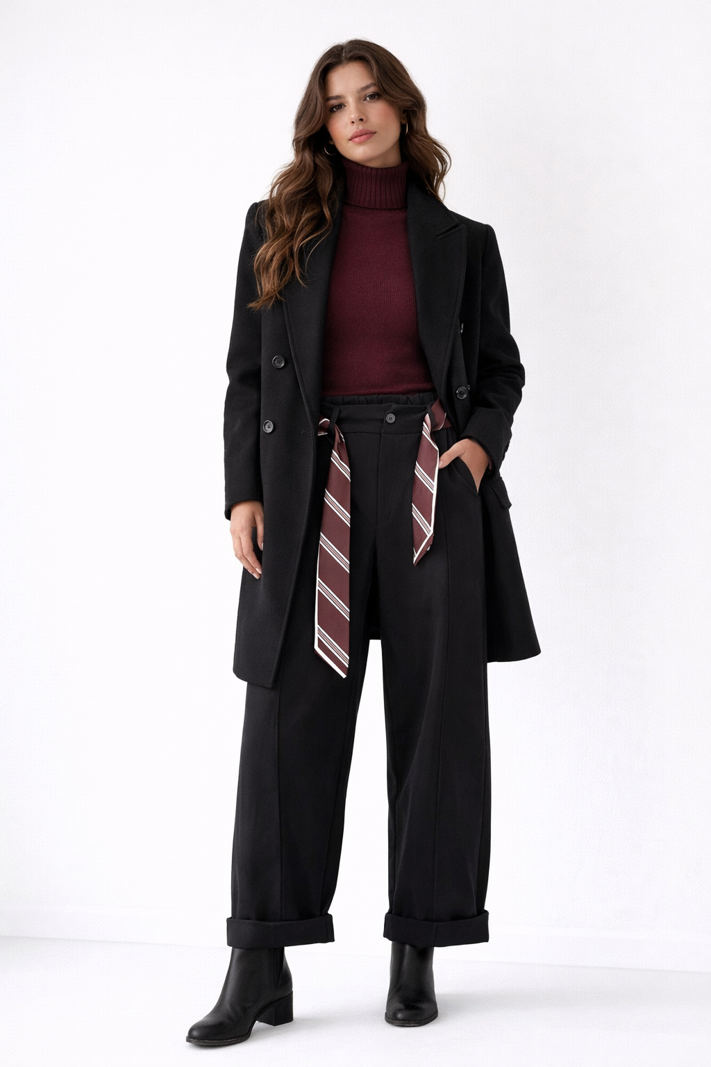 Tailored Black Trousers with Striped Belt - High-Waisted Pants