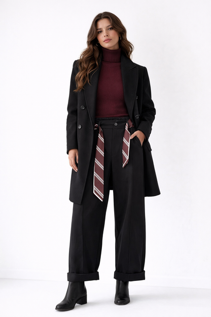 Tailored Black Trousers with Striped Belt - High-Waisted Pants