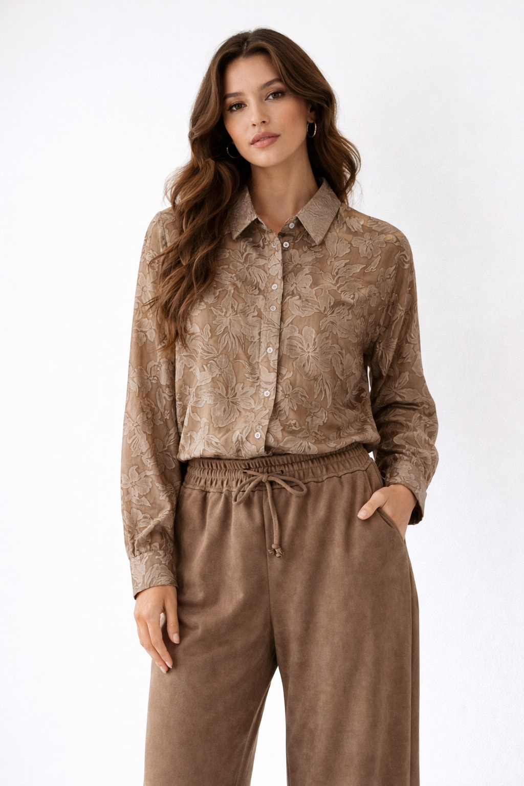 Floral Jacquard Taupe Shirt - Premium Textured Blouse
