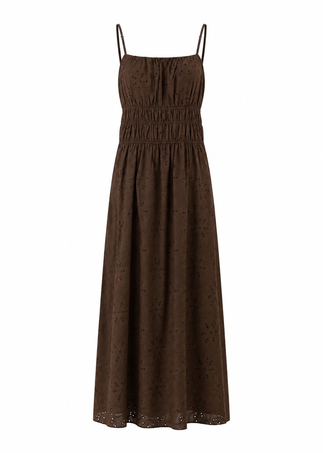 Chocolate broderie anglaise midi dress with smocked waist and square neck