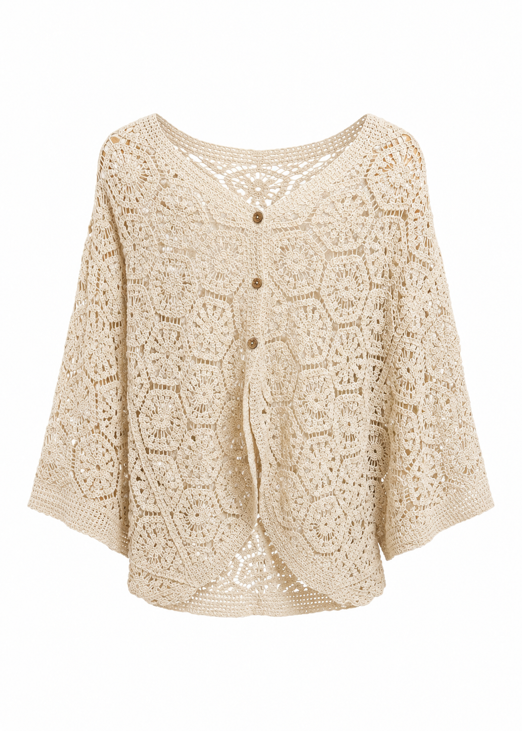 Cream floral medallion crochet cardigan with gold button-front and batwing sleeves