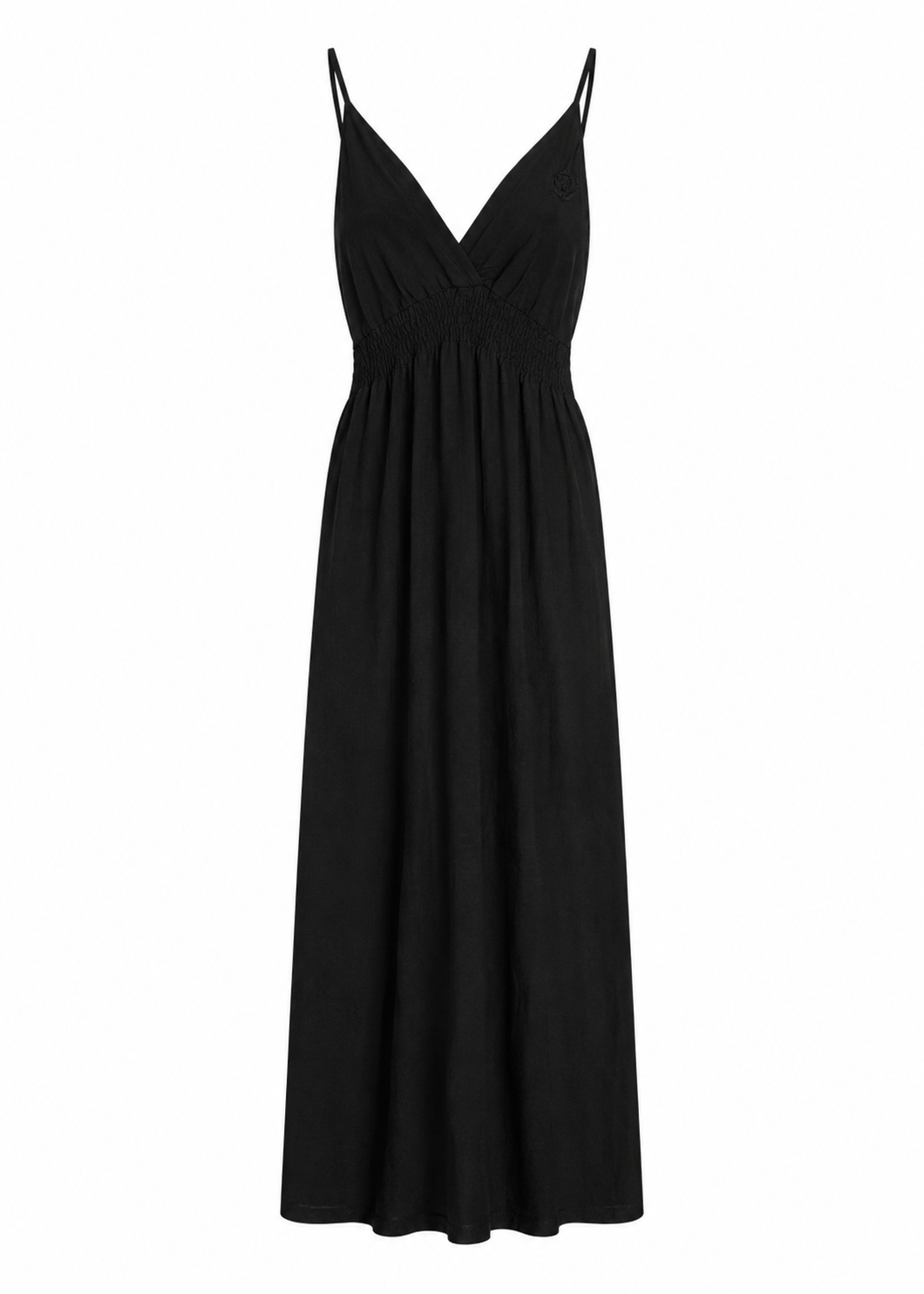 Black deep V-neck maxi dress with ruched empire waist and spaghetti straps