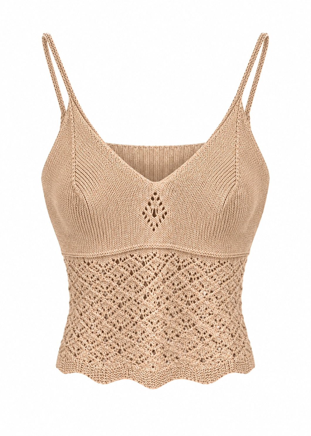 Sand knit crochet crop camisole with diamond weave panel and scalloped hem