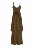 Chocolate ruffle wide-leg jumpsuit with gold hardware straps and tie waist