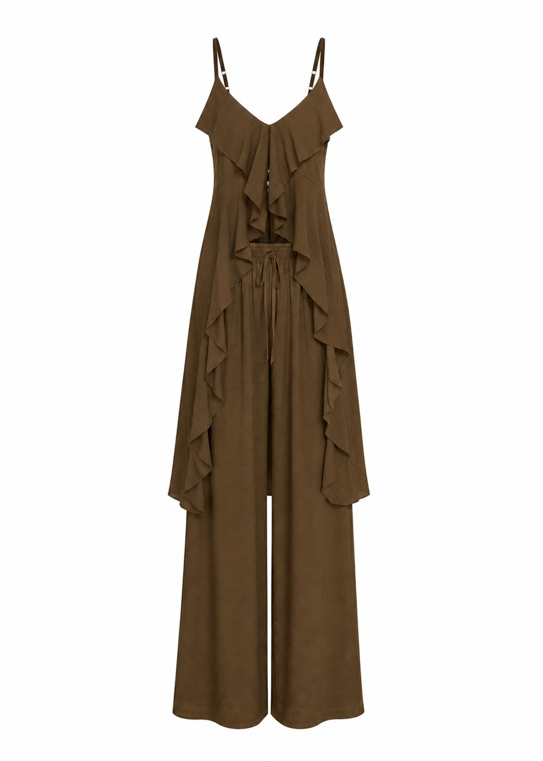 Chocolate ruffle wide-leg jumpsuit with gold hardware straps and tie waist