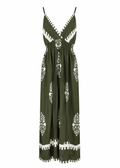 Olive and white baroque medallion print maxi dress with scalloped V-neck and smocked waist