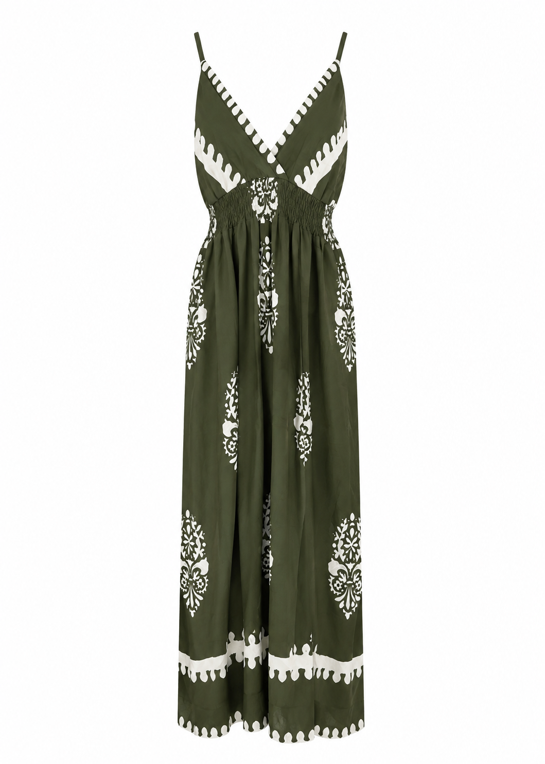 Olive and white baroque medallion print maxi dress with scalloped V-neck and smocked waist