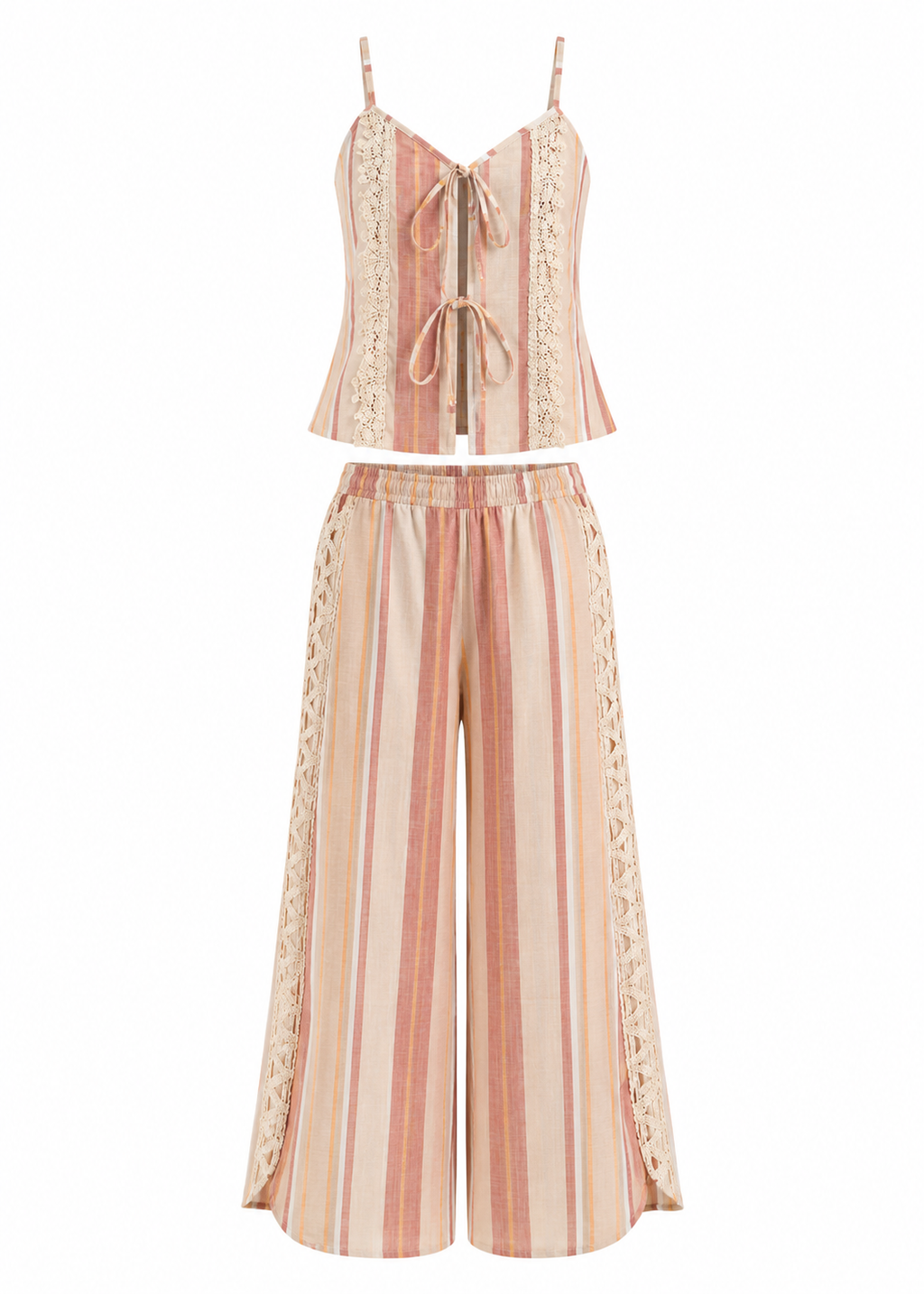 Blush Stripe Crochet Lace Cami Top & Palazzo Pants Co-ord Set | Lumina