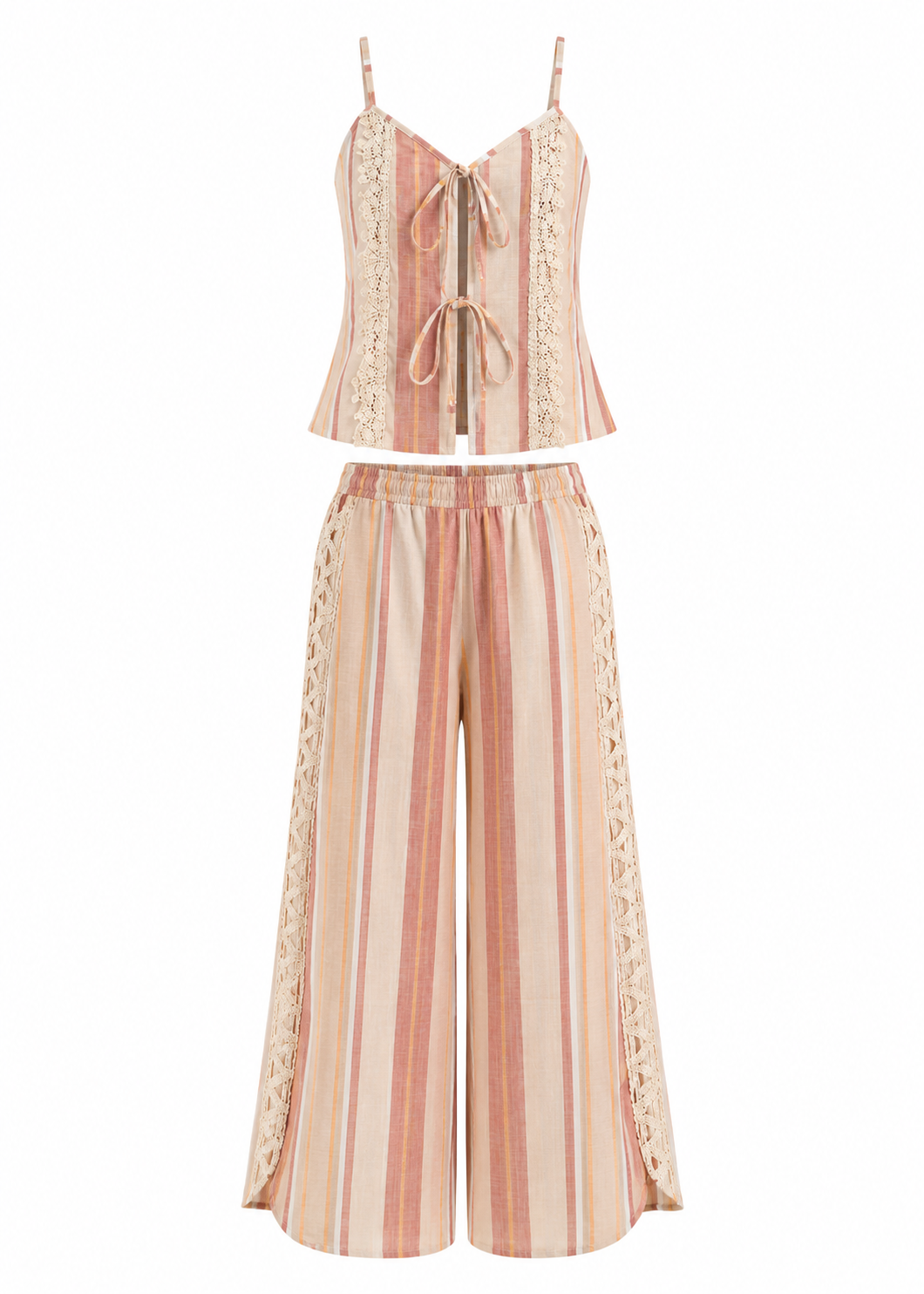 Blush Stripe Crochet Lace Cami Top & Palazzo Pants Co-ord Set | Lumina