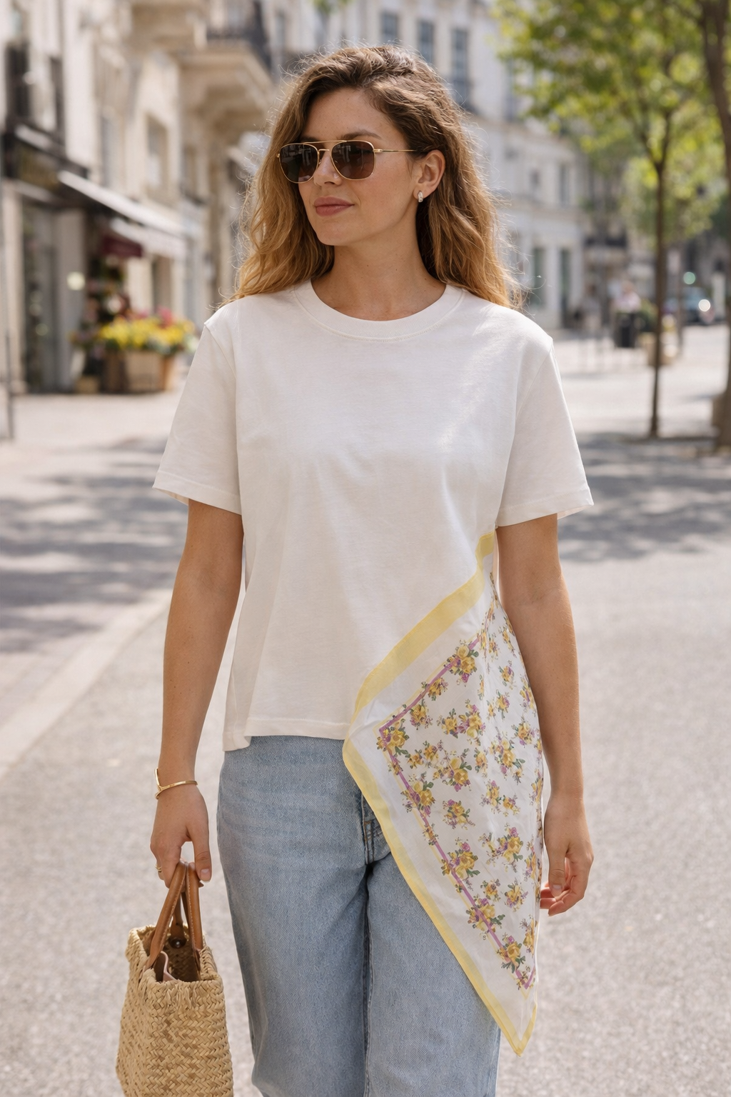 White T-Shirt with Floral Accent Panel