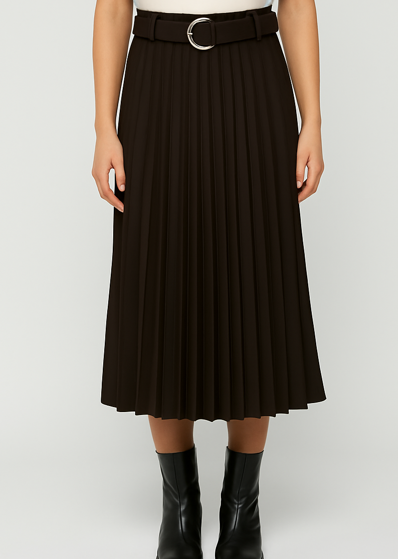 Brown Pleated Midi Skirt with Belt